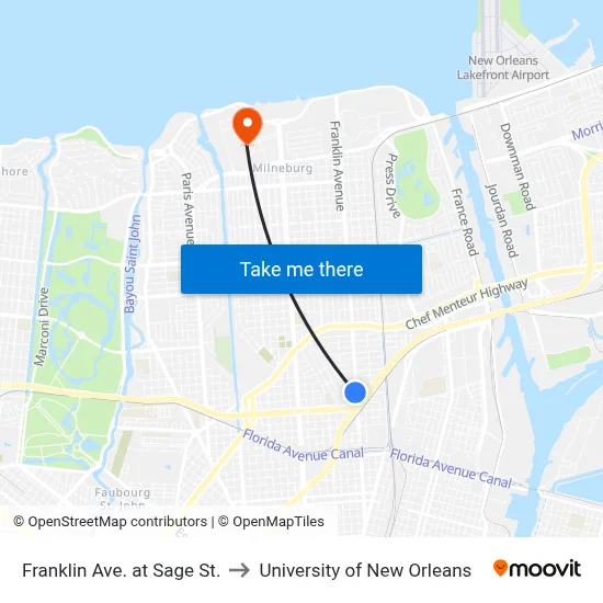 Franklin Ave. at Sage St. to University of New Orleans map