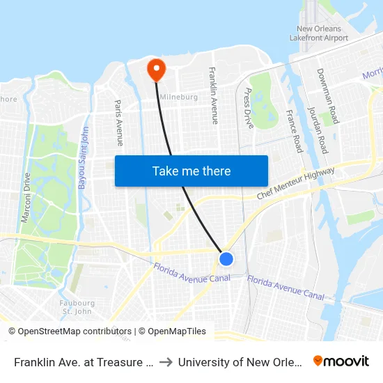 Franklin Ave. at Treasure St. to University of New Orleans map