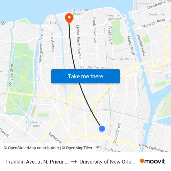 Franklin Ave. at N. Prieur St. to University of New Orleans map