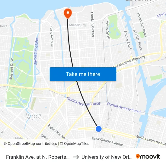 Franklin Ave. at N. Robertson St. to University of New Orleans map