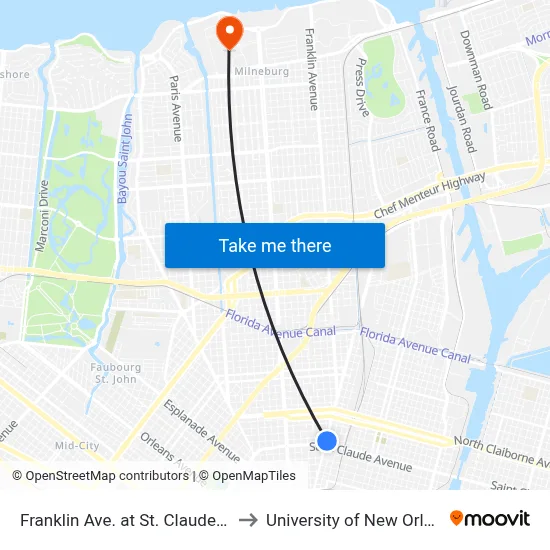 Franklin Ave. at St. Claude Ave. to University of New Orleans map