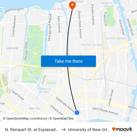 N. Rampart St. at Esplanade Ave. to University of New Orleans map