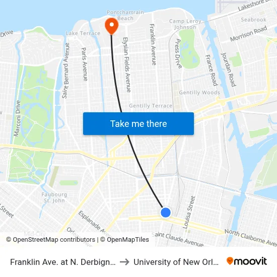 Franklin Ave. at N. Derbigny St. to University of New Orleans map