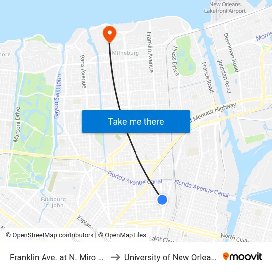 Franklin Ave. at N. Miro St. to University of New Orleans map
