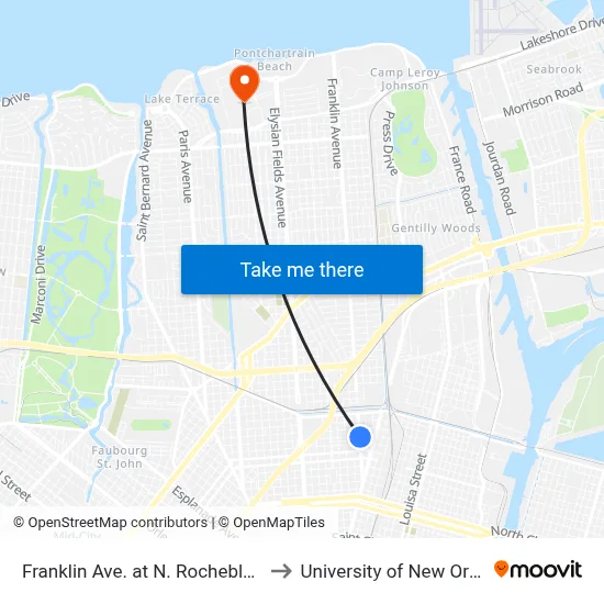 Franklin Ave. at N. Rocheblave St. to University of New Orleans map