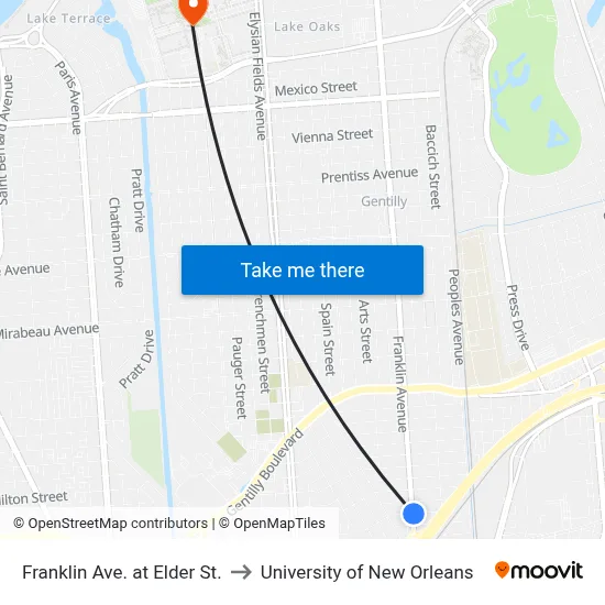 Franklin Ave. at Elder St. to University of New Orleans map