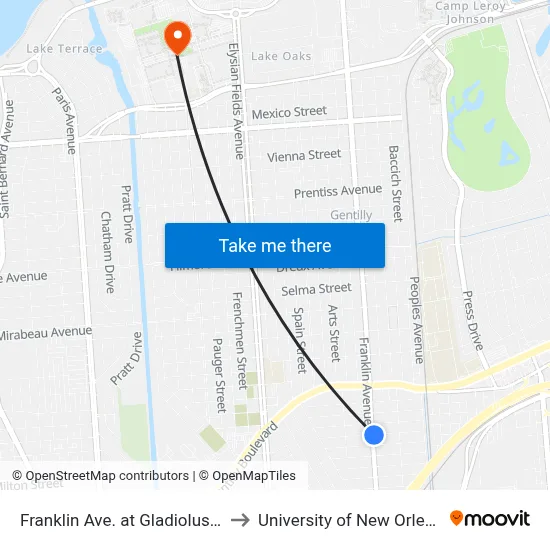 Franklin Ave. at Gladiolus St. to University of New Orleans map