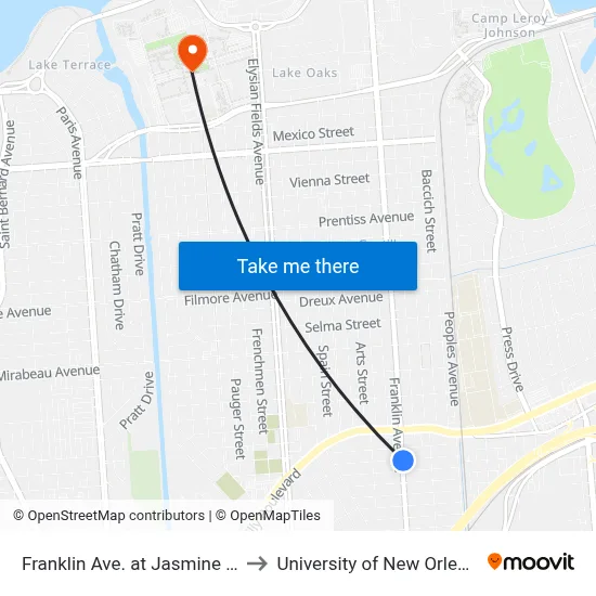 Franklin Ave. at Jasmine St. to University of New Orleans map