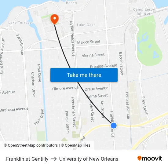 Franklin at Gentilly to University of New Orleans map