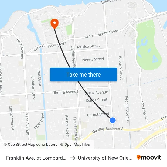 Franklin Ave. at Lombard St. to University of New Orleans map