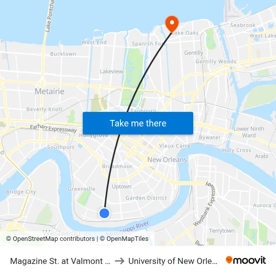 Magazine St. at Valmont St. to University of New Orleans map