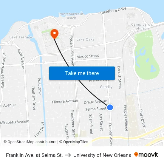 Franklin Ave. at Selma St. to University of New Orleans map