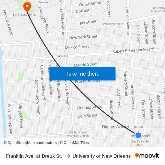 Franklin Ave. at Dreux St. to University of New Orleans map