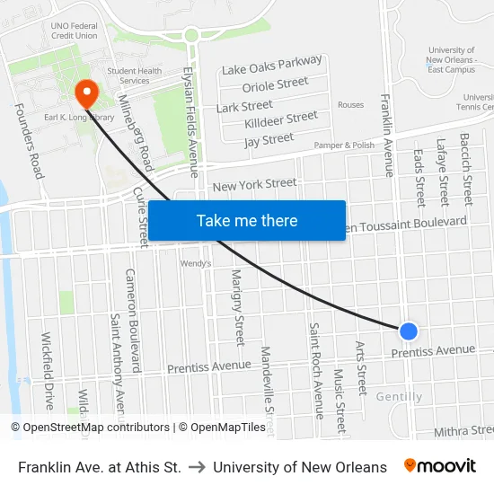 Franklin Ave. at Athis St. to University of New Orleans map