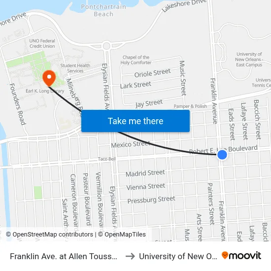 Franklin Ave. at Allen Toussaint Blvd. to University of New Orleans map