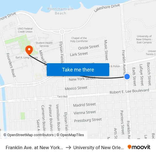 Franklin Ave. at New York St. to University of New Orleans map