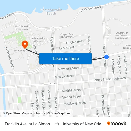 Franklin Ave. at Lc Simon Dr. to University of New Orleans map