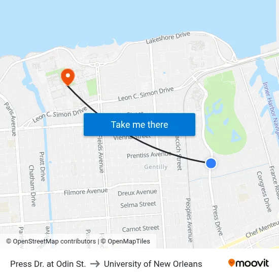 Press Dr. at Odin St. to University of New Orleans map