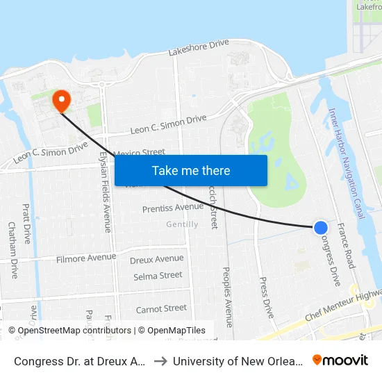 Congress Dr. at Dreux Ave to University of New Orleans map