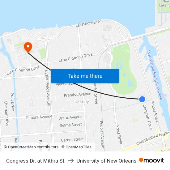 Congress Dr. at Mithra St. to University of New Orleans map