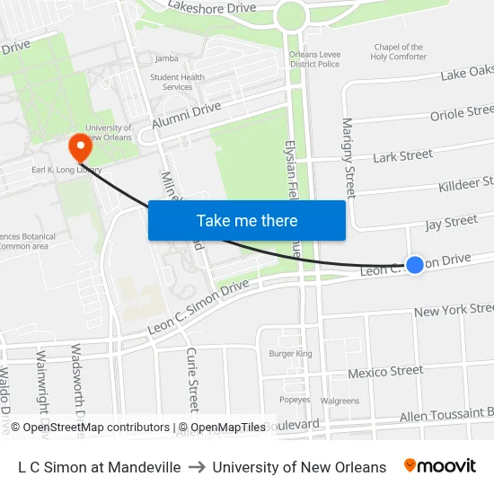L C Simon at Mandeville to University of New Orleans map