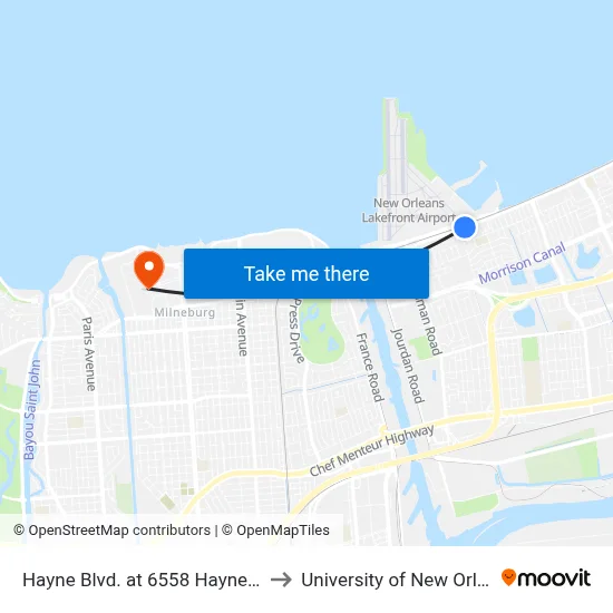 Hayne Blvd. at 6558 Hayne Blvd. to University of New Orleans map