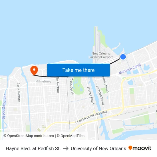 Hayne Blvd. at Redfish St. to University of New Orleans map