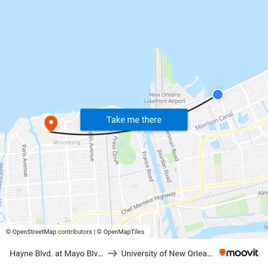 Hayne Blvd. at Mayo Blvd. to University of New Orleans map