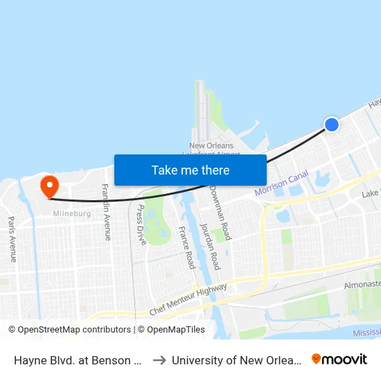 Hayne Blvd. at Benson St. to University of New Orleans map