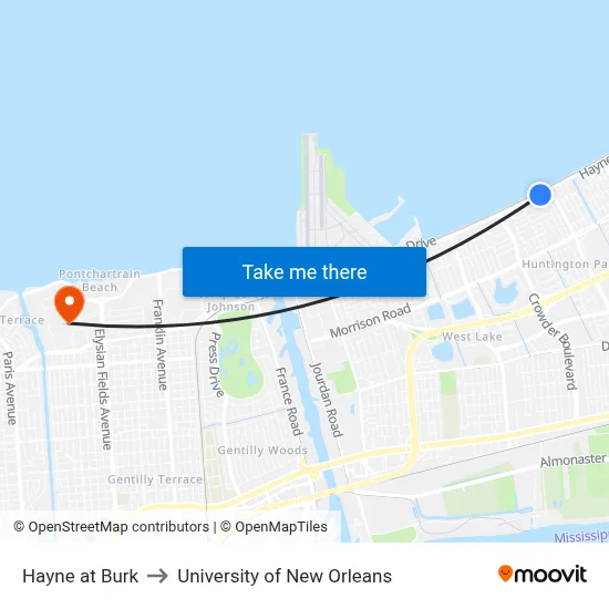Hayne at Burk to University of New Orleans map