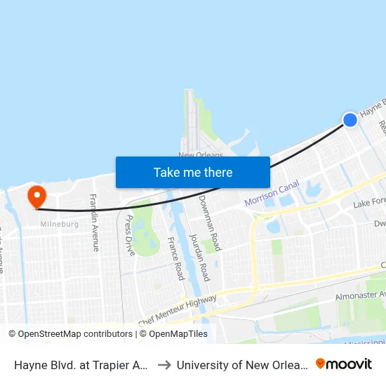 Hayne Blvd. at Trapier Ave. to University of New Orleans map