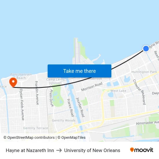 Hayne at Nazareth Inn to University of New Orleans map