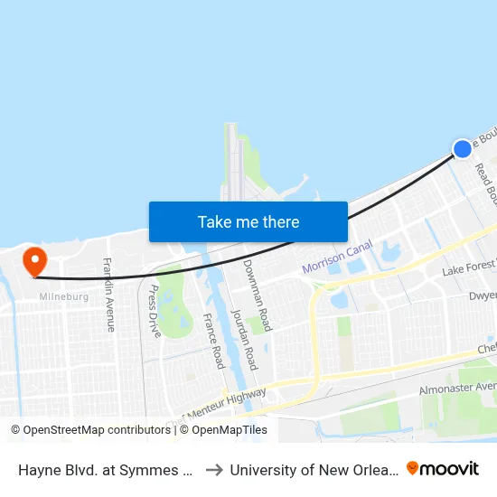 Hayne Blvd. at Symmes Rd. to University of New Orleans map