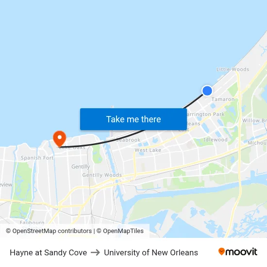 Hayne at Sandy Cove to University of New Orleans map