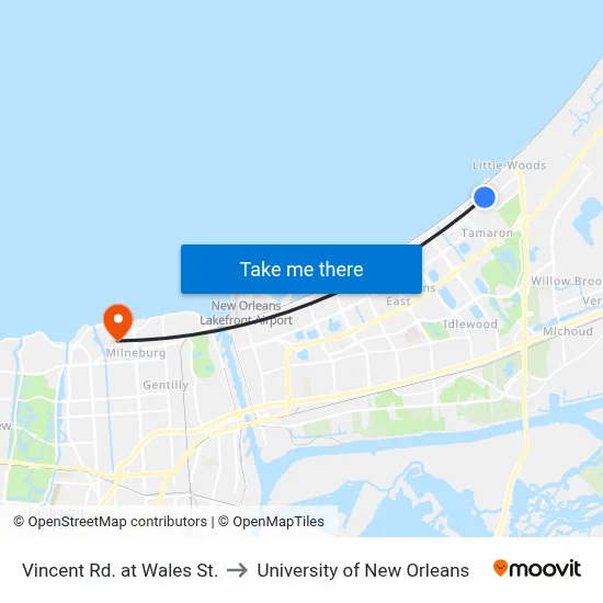 Vincent Rd. at Wales St. to University of New Orleans map