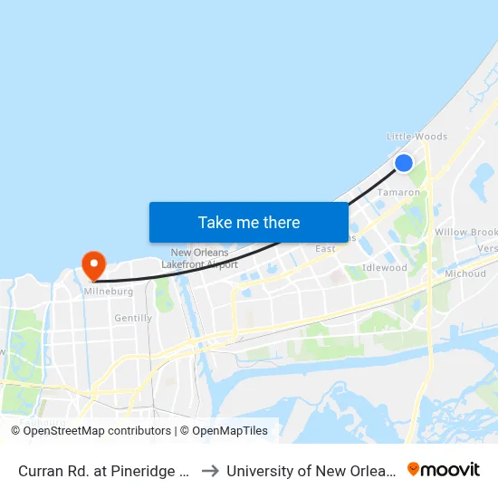 Curran Rd. at Pineridge St. to University of New Orleans map