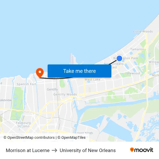 Morrison at Lucerne to University of New Orleans map