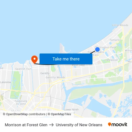 Morrison at Forest Glen to University of New Orleans map