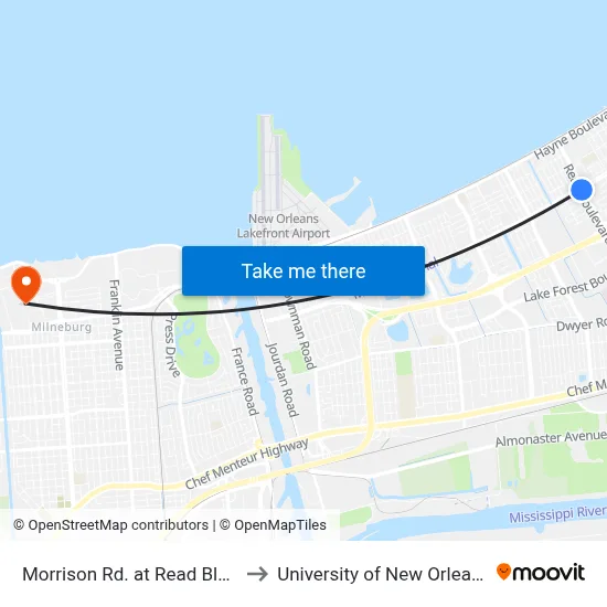 Morrison Rd. at Read Blvd. to University of New Orleans map