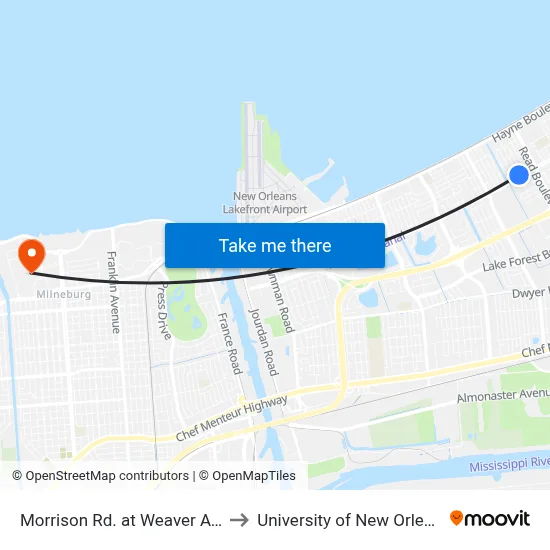 Morrison Rd. at Weaver Ave. to University of New Orleans map