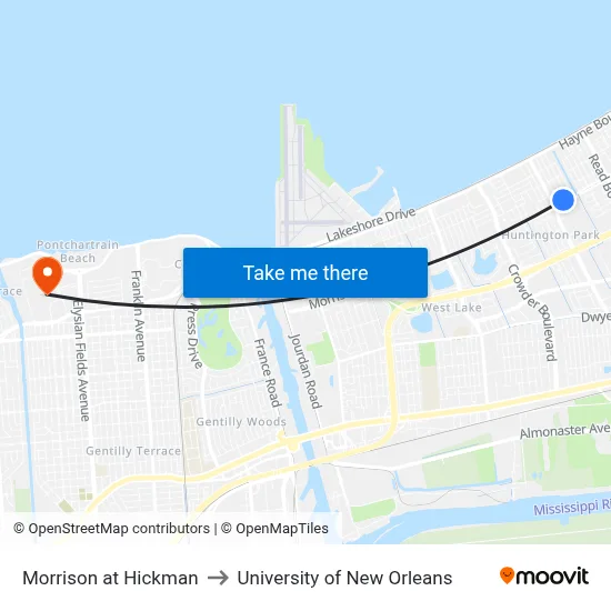 Morrison at Hickman to University of New Orleans map