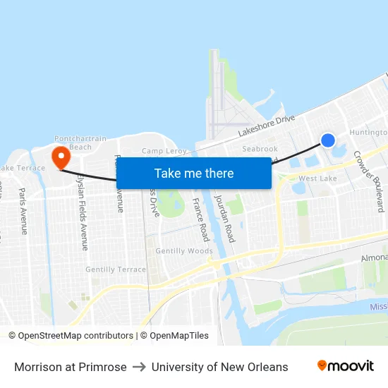 Morrison at Primrose to University of New Orleans map