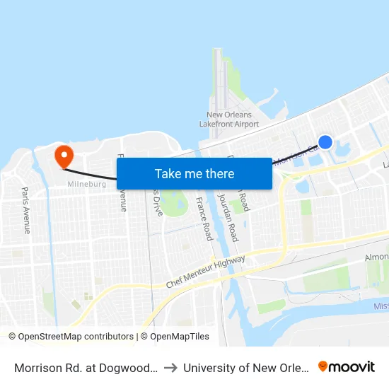 Morrison Rd. at Dogwood Dr. to University of New Orleans map