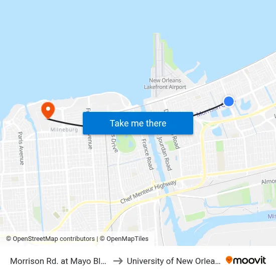Morrison Rd. at Mayo Blvd. to University of New Orleans map