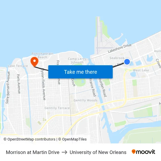 Morrison at Martin Drive to University of New Orleans map