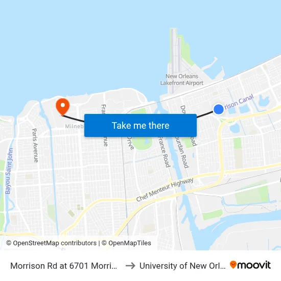 Morrison Rd at 6701 Morrison Rd to University of New Orleans map