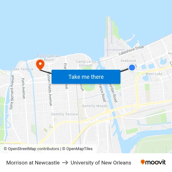 Morrison at Newcastle to University of New Orleans map