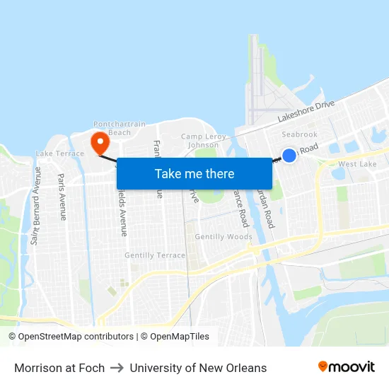 Morrison at Foch to University of New Orleans map
