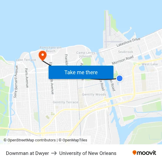 Downman at Dwyer to University of New Orleans map