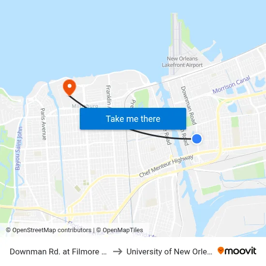 Downman Rd. at Filmore Ave. to University of New Orleans map